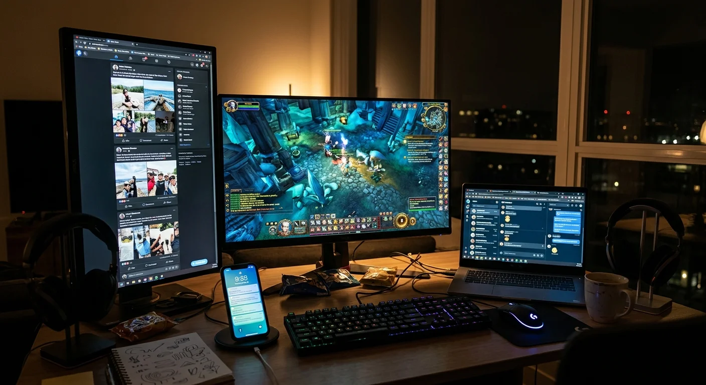 A dimly lit room featuring a desk with multiple glowing monitors displaying video games, social media feeds, and chat apps, with no people present.