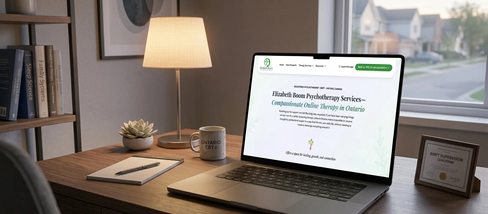 A professional home office desk setup with a laptop displaying the Elizabeth Boom Psychotherapy website, a lit desk lamp, a succulent plant, and a framed certificate.