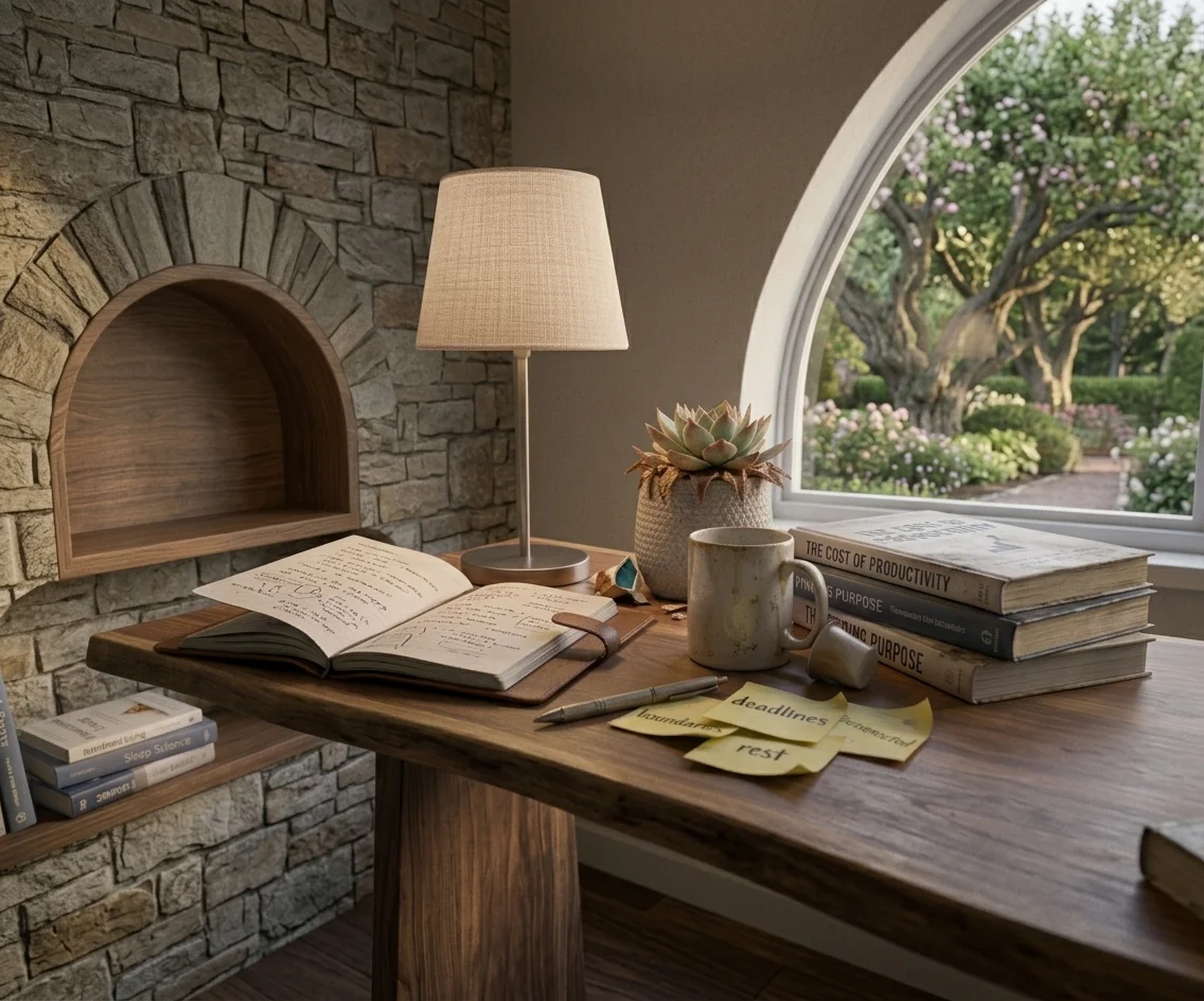 A cluttered but organized wooden desk in a cozy home office featuring an open journal with handwriting, stacked books on productivity, a table lamp, a potted succulent, a mug, and sticky notes with "deadlines" and "rest" written on them, with a view through an arched window to a garden.