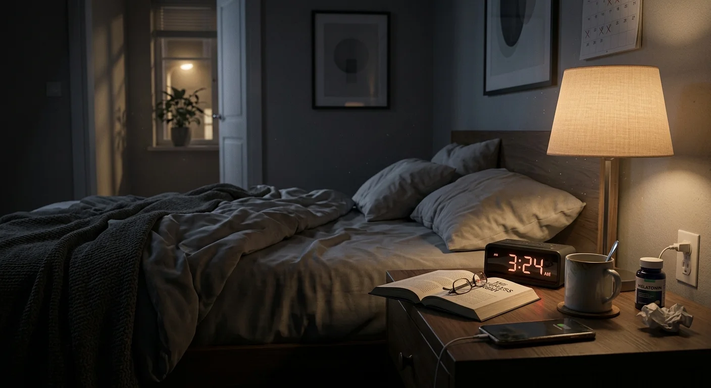 A realistic, dimly lit bedroom at night with an unmade empty bed and a digital bedside clock showing 3:24 AM, symbolizing insomnia and sleep difficulties.